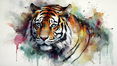 Animal Surreal - A vibrant watercolor style depicts a tigers head and upper body, with bold, fluid strokes and splas by Odon Czintos