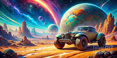 Landscapes Royalty-Free and Rights-Managed Images - A vintage car is prominently positioned in a surreal extraterrestrial landscape by Odon Czintos