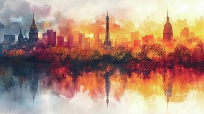 Paris Skyline Rights Managed Images - A watercolor painting depicting the skyline of Paris, France, with a lake positioned in front of it. Royalty-Free Image by Joaquin Corbalan