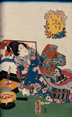 Paint Brush Rights Managed Images - A woman placing glowing charcoal in a sand-filled box to provide warmth. Colour woodcut by Kunisada, Royalty-Free Image by Artistic Rifki