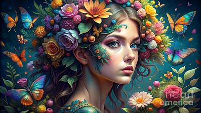 Floral Digital Art - A young woman with an ethereal appearance is adorned with a vibrant floral crown by Odon Czintos