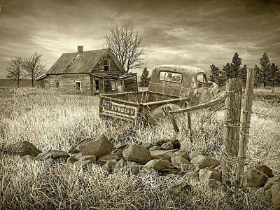 Randall Nyhof Royalty-Free and Rights-Managed Images - Abandoned Farm Homestead in Sepia Tone with Pickup Truck by Farm by Randall Nyhof