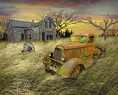 Randall Nyhof Royalty Free Images - Abandoned Pickup Truck and Farm House at Sunset Royalty-Free Image by Randall Nyhof