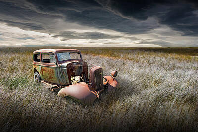 Randall Nyhof Royalty-Free and Rights-Managed Images - Abandoned Prairie Auto under Dark Skies by Randall Nyhof