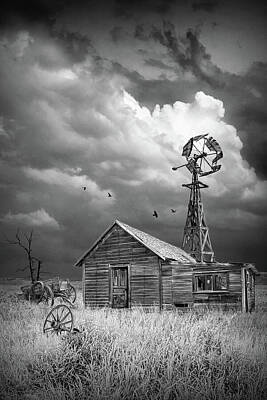 Randall Nyhof Royalty-Free and Rights-Managed Images - Abandoned Prairie Homestead in Black and White by Randall Nyhof