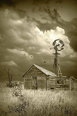 Randall Nyhof Royalty-Free and Rights-Managed Images - Abandoned Prairie Homestead in Sepia Tone by Randall Nyhof
