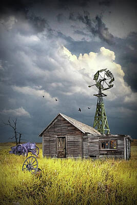 Randall Nyhof Royalty-Free and Rights-Managed Images - Abandoned Prairie Homestead with Windmill and Broken Down Wagon by Randall Nyhof