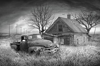 Randall Nyhof Royalty-Free and Rights-Managed Images - Abandoned Red Pickup by an abandoned farm house in Black and Whi by Randall Nyhof