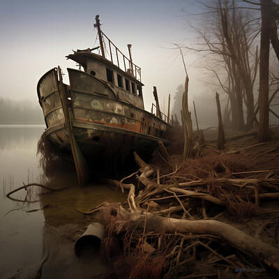 Surrealism Digital Art - Abandoned Rotting Shipwreck on Wooded Shoreline by Yo Pedro
