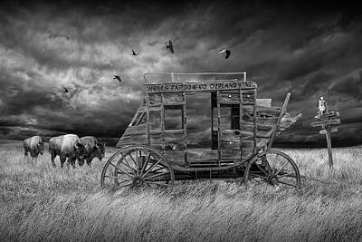 Randall Nyhof Royalty Free Images - Abandoned Wells Fargo Stage Coach in Black and White Royalty-Free Image by Randall Nyhof