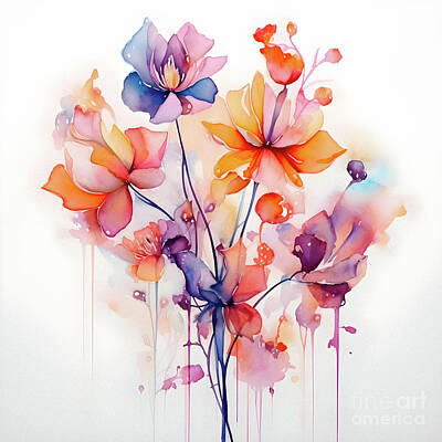 Abstract Flowers Paintings - Abstract flower bouquet #2 by Vintage Treasure