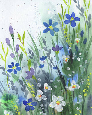 Abstract Flowers Paintings - Abstract Flowers Field Mellow Watercolor Meadow  by Irina Sztukowski