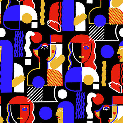 Abstract Drawings - Abstract seamless pattern of surreal women portraits in the cubism style. repeated design by Julien