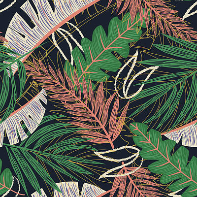 Amy Kirkpatrick Watercolor Hummingbirds - Abstract seamless pattern with tropical leaves on black background. design. Jungle print. Textiles and printing.  by Julien