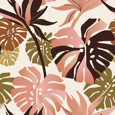Abstract Flowers Drawings - Abstract tropical flowers and leaves seamless pattern by Julien