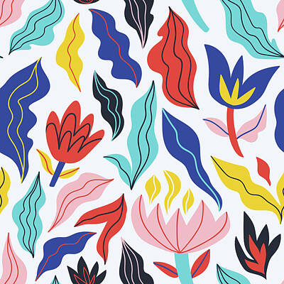 Abstract Flowers Drawings - Abstract tropical flowers and plants in bright colors by Julien