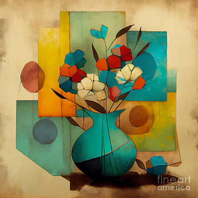 Abstract Landscape Digital Art Rights Managed Images - abstract  vase  of  flower  vintage  painting  by Asar Studios Royalty-Free Image by Celestial Images