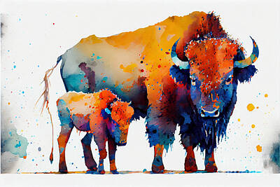 Abstract Landscape Digital Art - Abstract  watercolor  painting  of  American  Bison  by Asar Studios by Celestial Images