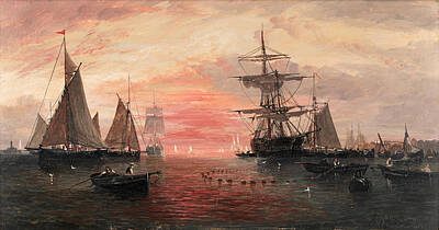 Christmas Trees - ADOLPHUS KNELL 1860 1890 A busy shipping scene at sunrise by Timeless Images Archive