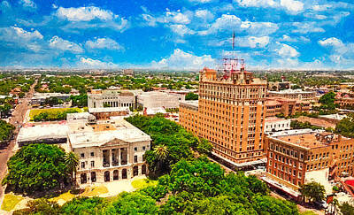 Skylines Digital Art - Aerial of downtown Laredo, Texas - digital painting by Nicko Prints