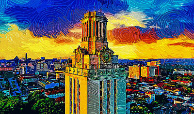 Impressionism Royalty-Free and Rights-Managed Images - Aerial of the Main Building of the University of Texas at Austin - impressionist painting by Nicko Prints