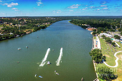 Black And White Rock And Roll Photographs - Aerial view as Drag boats race across the starting line on Lake Marble Falls during the drag boat races at Lakefest in Marble Falls by Dan Herron