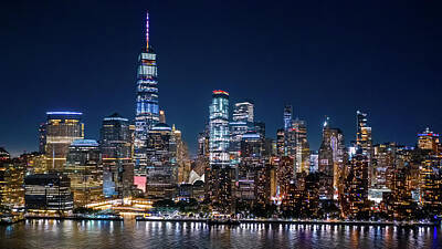 City Scenes Photos - Aerial view of Lower Manhattan by in night by Mihai Andritoiu