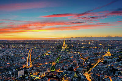 Paris Skyline Photos - Aerial View of Paris and Eiffel Tower after Sunset by Alexios Ntounas