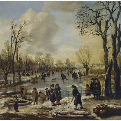 Food And Beverage Signs - Aert van der Neer a winter landscape with villagers skating and playing kolf on a frozen canal, a vi by Aert