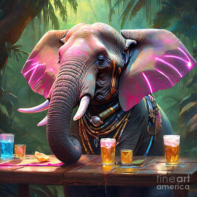 Food And Beverage Paintings - African Forest Elephant Jungle Spirits Forest Feast with the Elephant Elite  by Adrien Efren