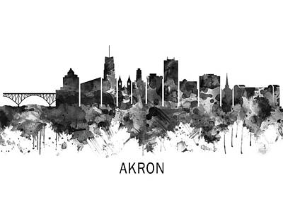 Best Sellers - Abstract Skyline Mixed Media - Akron Ohio Skyline BW by NextWay Art