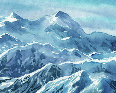 Mountain Paintings - Alaska Mountains Blue Teal Turquoise Mountain Range Watercolor  by Irina Sztukowski