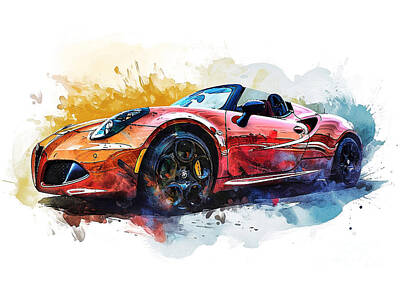 Sports Paintings - Alfa Romeo 4C Spider Italia watercolor abstract vehicle by Clark Leffler