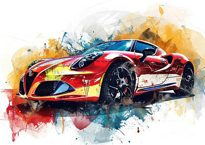Sports Paintings - Alfa Romeo 4C watercolor abstract vehicle by Clark Leffler