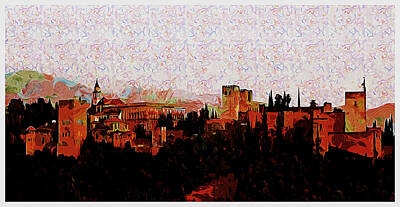 Fantasy Digital Art - Alhambra Castle Building Granada Town Castle - impressionist van gogh style by Celestial Images