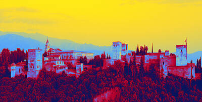 Fantasy Digital Art - Alhambra Castle Building Granada Town Castle Neon Art ca 2020 by Ahmet Asar by Celestial Images