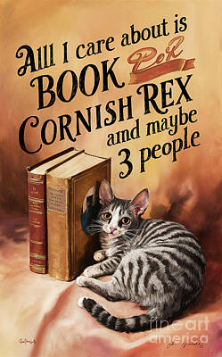 Mammals Digital Art - All I care about is book Cornish Rex and 3 people by Rhys Jacobson