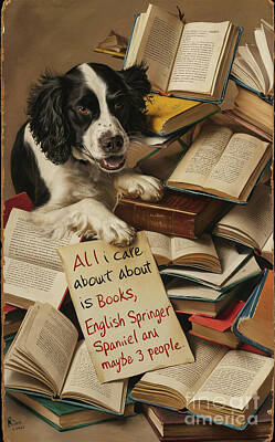 Mammals Digital Art - All I care about is book English Springer Spaniel and 3 people by Rhys Jacobson