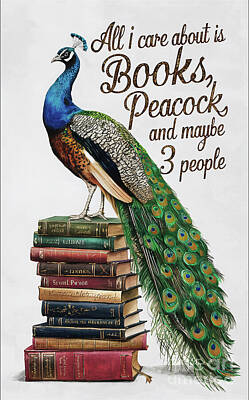 Birds Royalty Free Images - All I care about is book Peacock and 3 people Royalty-Free Image by Rhys Jacobson