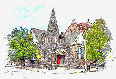 Skylines Paintings - .Allegheny Unitarian Universalist Church, North Side, Pittsburgh, Pennsylvania by Celestial Images