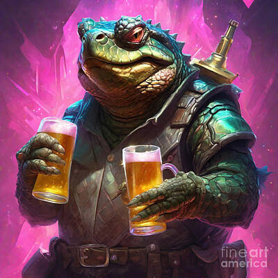 Beer Royalty-Free and Rights-Managed Images - Alligator Snapping Turtle Shell Shocked and Sipping Tavern Turtleneck  by Adrien Efren