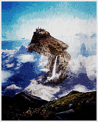 Fantasy Digital Art - Alpine Castle and Waterfall - impressionist van gogh style by Celestial Images