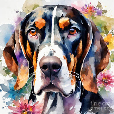 Landmarks Drawings - American English Coonhound Dog in Watercolor with Blooms by Adrien Efren