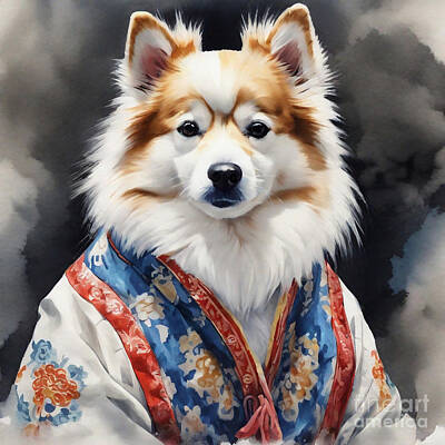 Landmarks Drawings - American Eskimo Dog in Chinese Inspired Attire by Adrien Efren