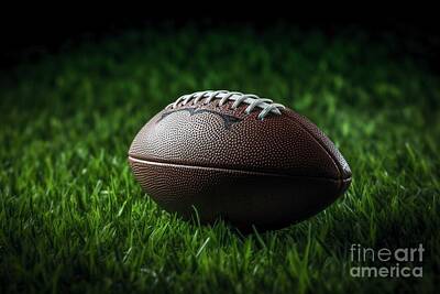 Football Royalty Free Images - American football ball, on the grass of a field, copy space. Ai  Royalty-Free Image by Joaquin Corbalan