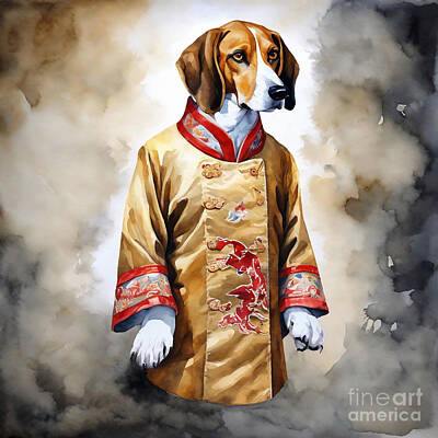 Landmarks Drawings - American Foxhound Dog in Chinese Style Cloak by Adrien Efren