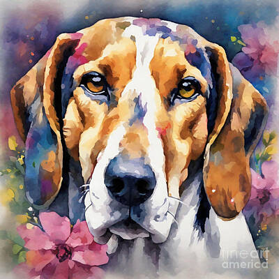Landmarks Drawings - American Foxhound Dog in Watercolor with Garden Florals by Adrien Efren