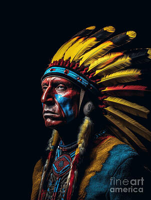 Landmarks Painting Royalty Free Images - American  Indian  Chief  Surreal  Cinematic  Minimal  by Asar Studios Royalty-Free Image by Celestial Images