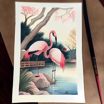 Landmarks Painting Royalty Free Images - American  Pink  Flamingo    japanese  traditional  pa  043523645563ab645  bc3e  64536455637  a60439  Royalty-Free Image by Celestial Images