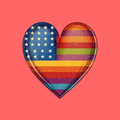 Landmarks Drawings - American Pride Flag Heart - Rainbow Colored Stars and Stripes Heart - LGBTQIA by Jensen Art Co
